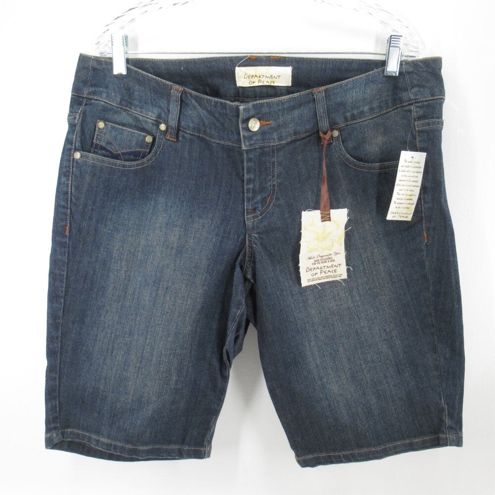 Department of Peace Shorts Women 14 Dark Blue Denim Bermuda Pockets NWT